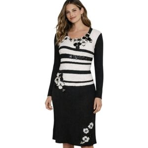Philippe Carat couture Black white beaded floral applique striped midi Dress xl